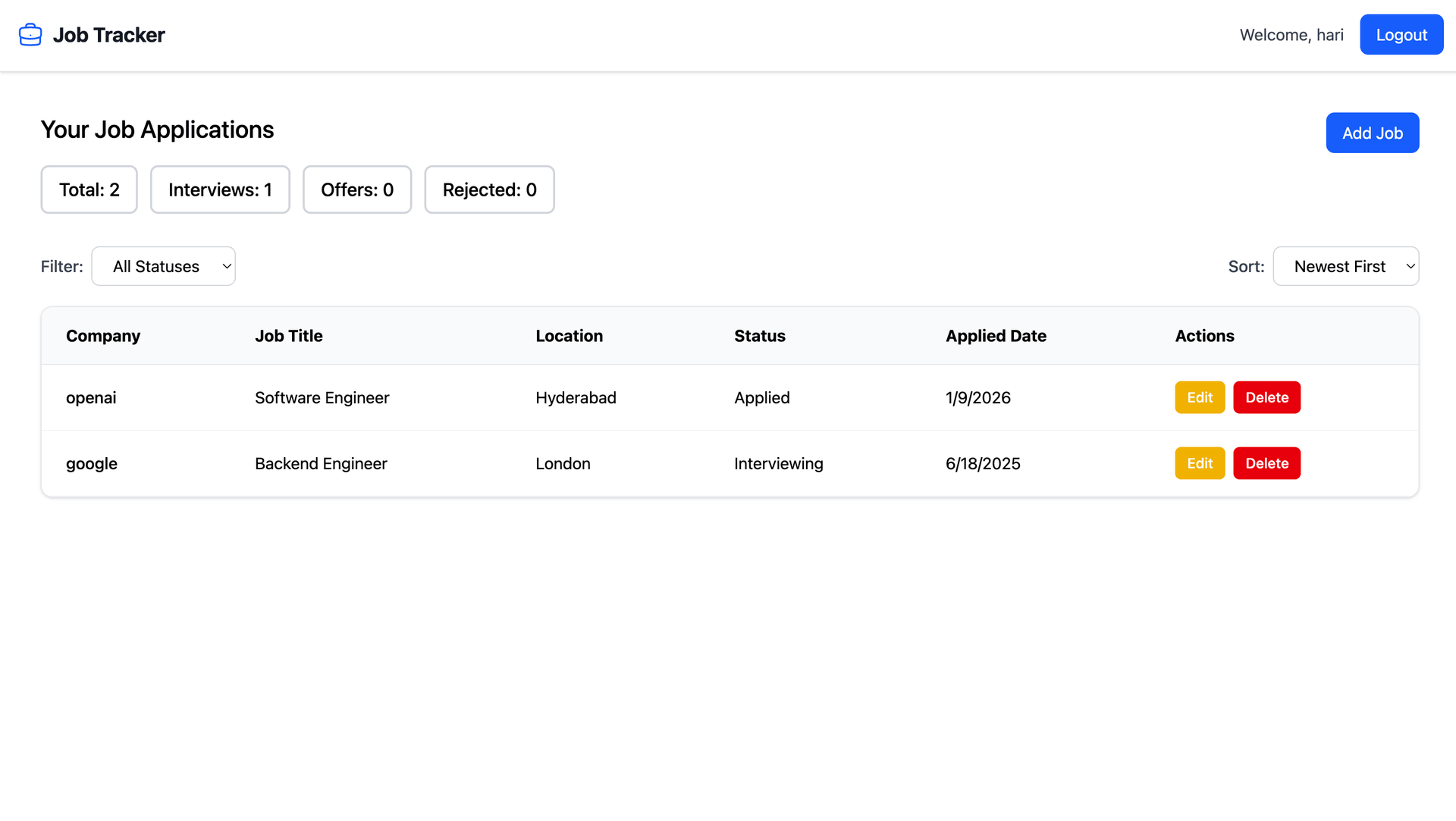 JobTracker Application project screenshot